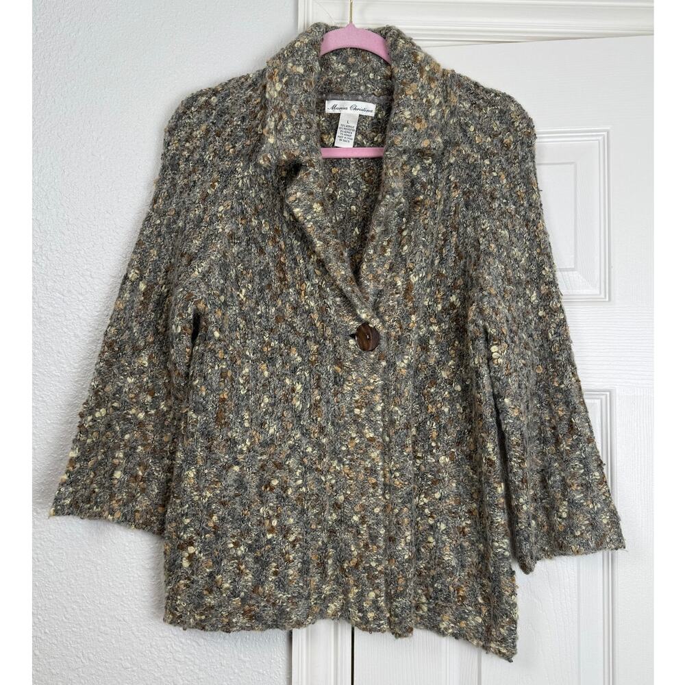 Marisa Christina Chunky Wool Blend Cardigan Gray Brown Cozy Knit Sweater L